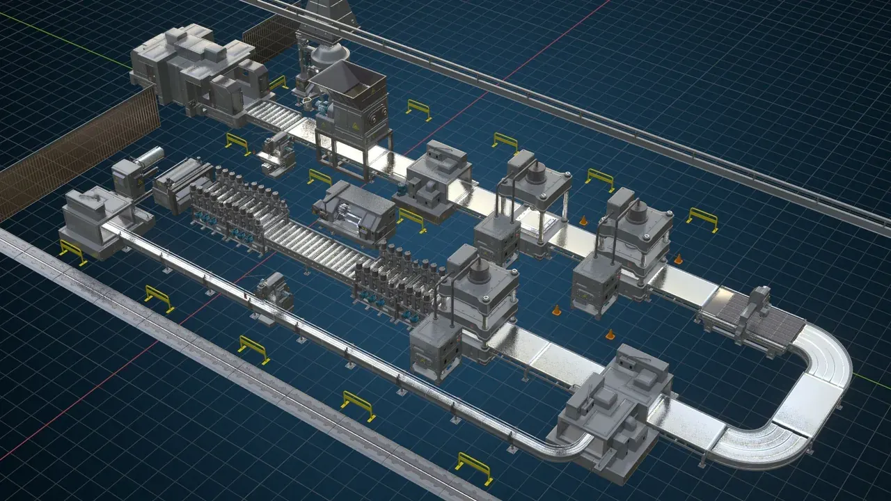 Animación 3D de una línea de producción completa con cintas transportadoras, máquinas y el flujo de producto señalizado