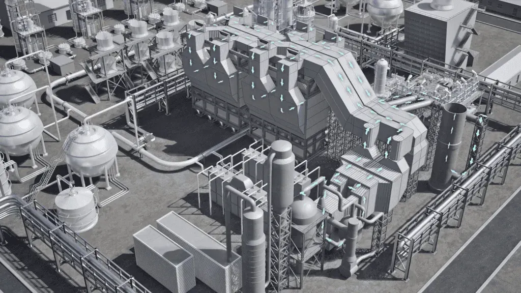 Modelo 3D de una planta industrial completa con torres, tuberías, depósitos y estructuras, base para una animación técnica