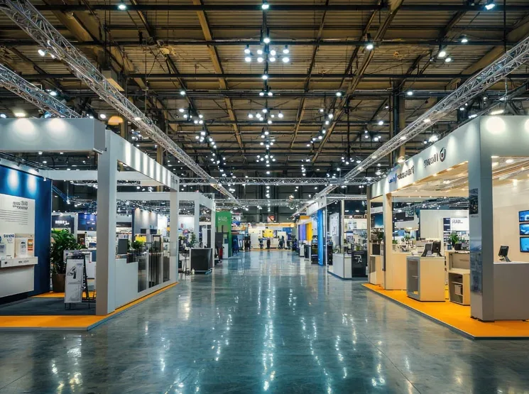 Pabellón de una feria industrial con los stands montados y pantallas reproduciendo vídeo en bucle