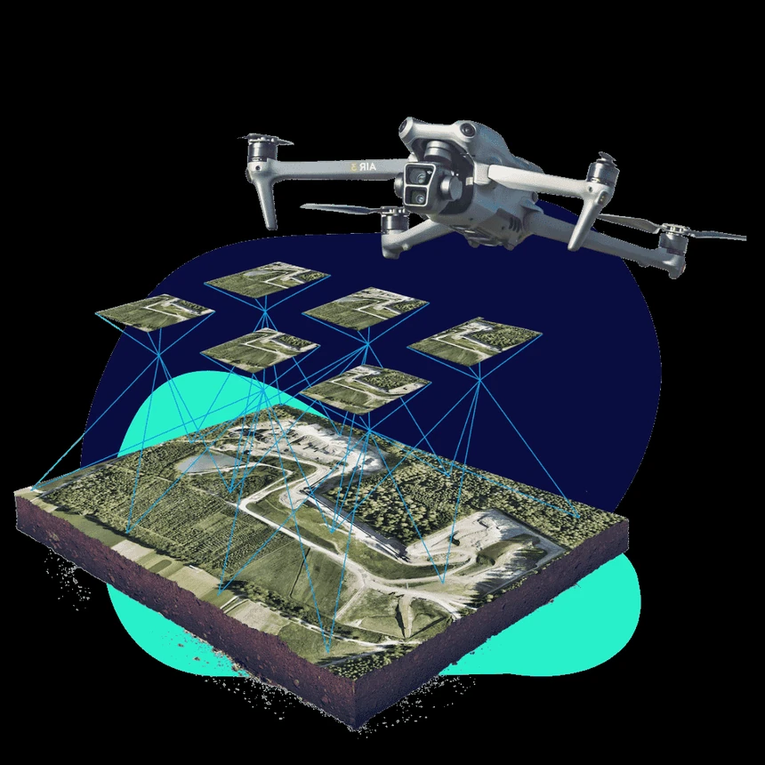 Dron sobrevolando una parcela y el modelo 3D medible generado a partir de sus fotografías aéreas