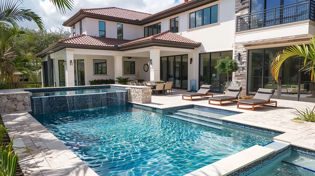Vista exterior de una vivienda con piscina y zona de terraza, fotografiada para situar la propiedad en su entorno