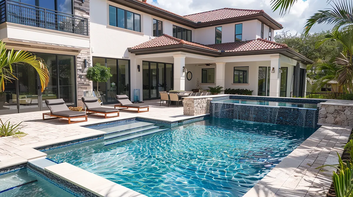 Vista exterior de una vivienda con piscina tomada con dron